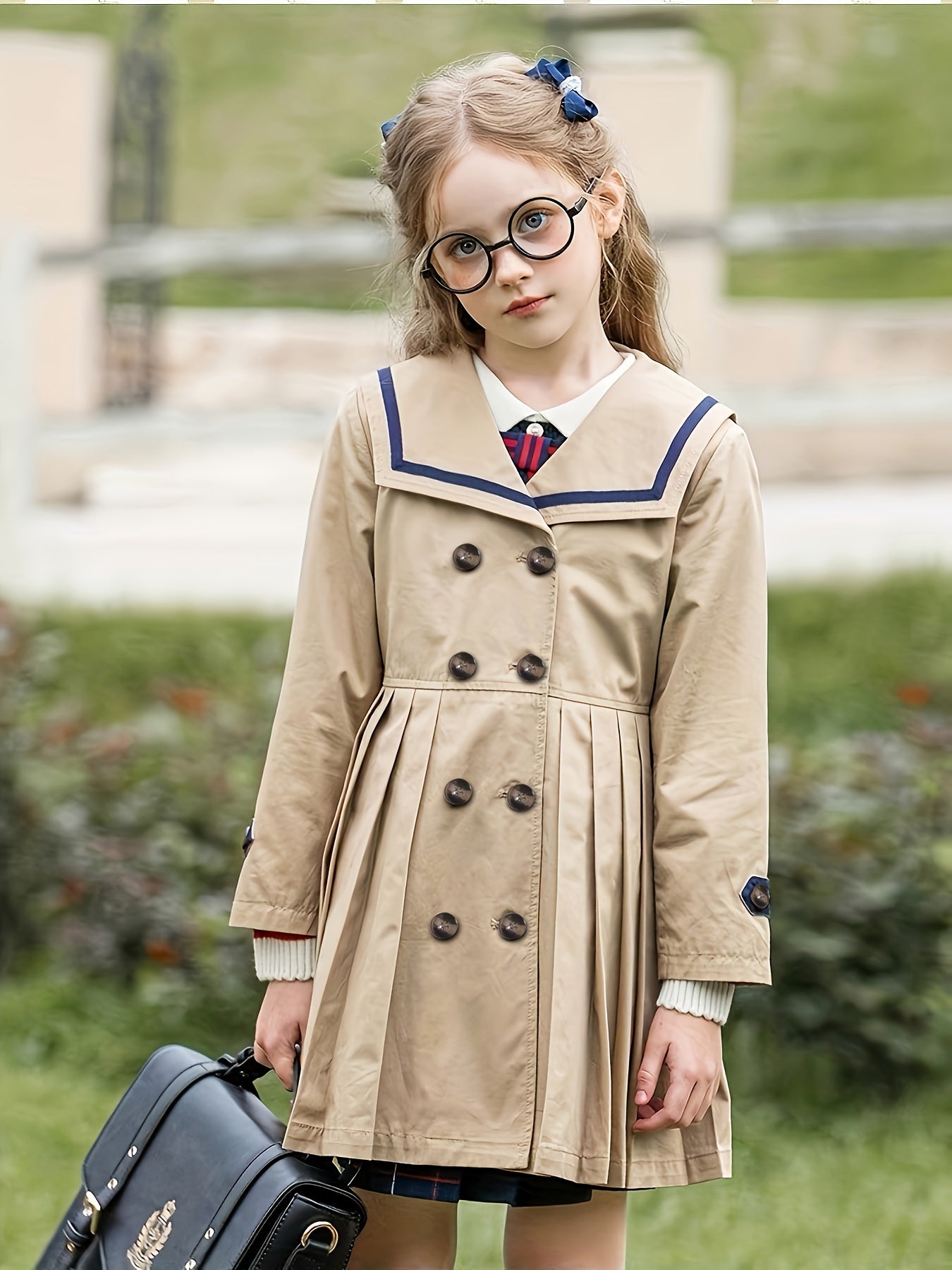 Girls' lightweight British-inspired school uniform trench coat and pleated skirt set. Windproof polyester material with front buttons. Ideal for spring and autumn. Available in sizes 4-12.