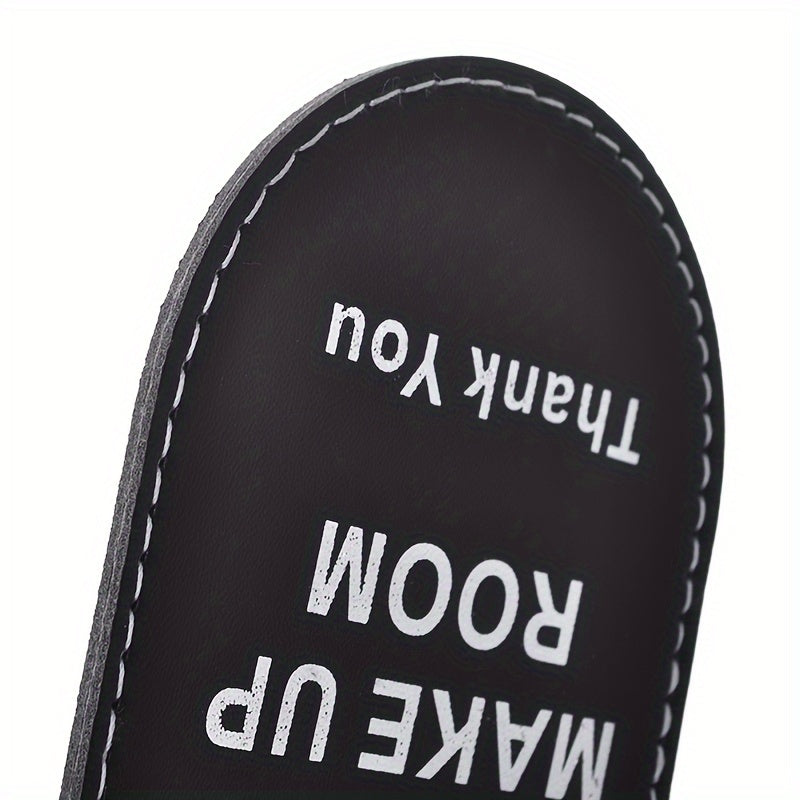 Classy leather door hangers for hotel guests: "Make Up Room" and "Do Not Disturb" signs.