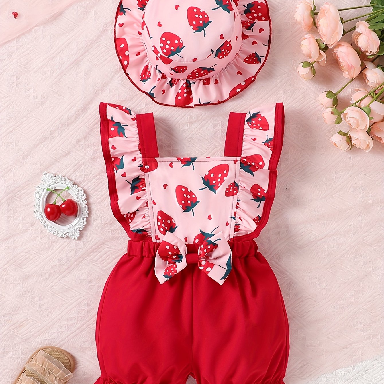 Cute sunflower and butterfly print baby girl jumpsuit with bow detail and matching hat. Made of polyester, machine washable. Perfect for summer and outdoor activities.