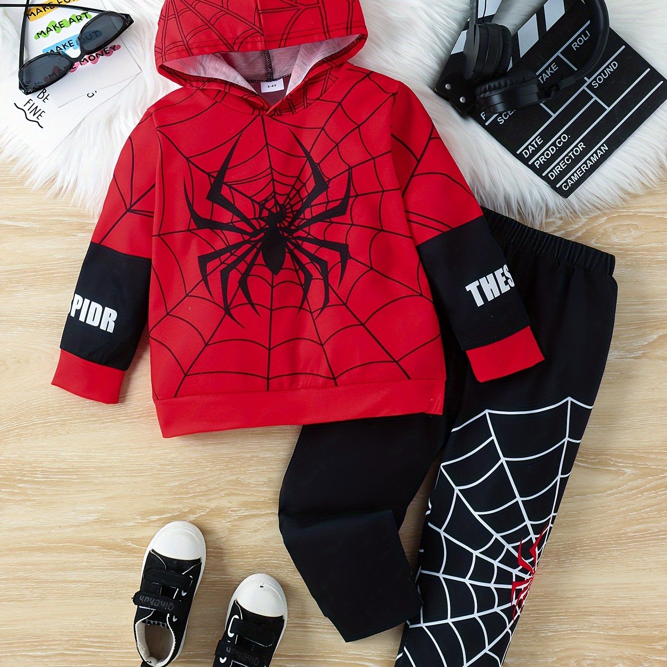 Boy's Spider Print Hooded Outfit Set, Web Pattern, Kid's Spring/Fall Clothes, 2pcs