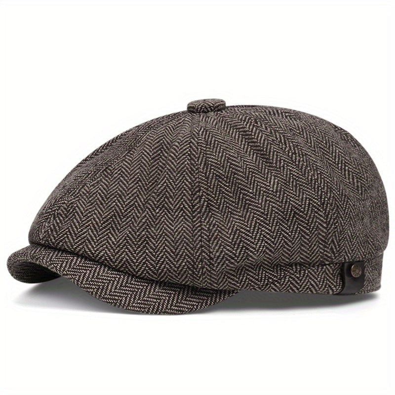 Retro Octagonal Herringbone Hat for Men, Striped Casual Beret, Gatsby Flat Hat