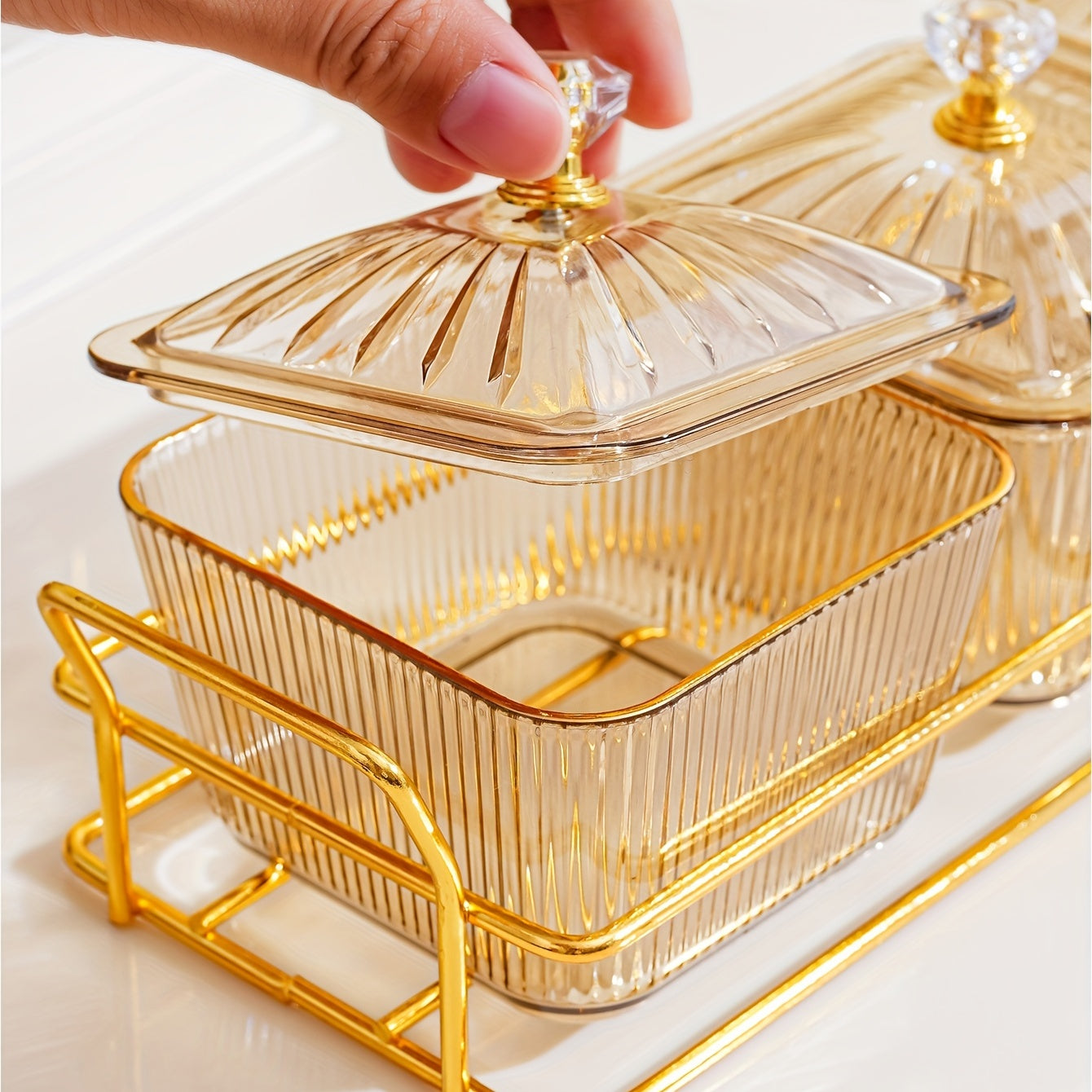 Amber golden-trimmed serving set for dried fruit and nuts, perfect for special events with beaded decorations.