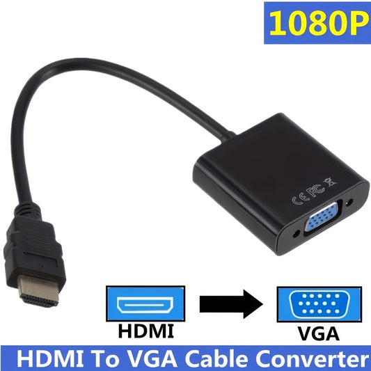 Golden-plated HDMI to VGA adapter for various devices such as computers, laptops, monitors, projectors, HDTVs, and gaming consoles.