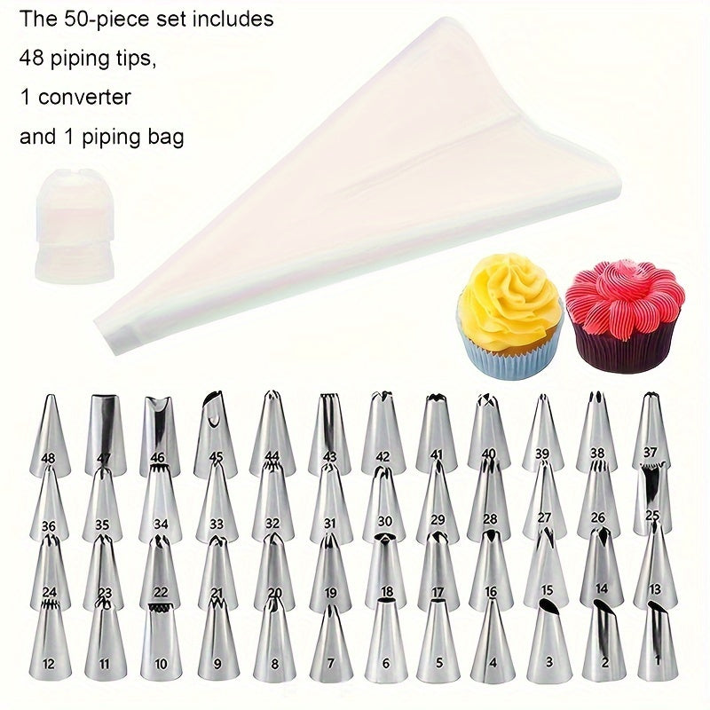 Cake Decorating Kit - Includes 50 Stainless Steel Piping Tips & Couplers for Cupcakes, Cookies, and More - Must-Have Baking Accessories