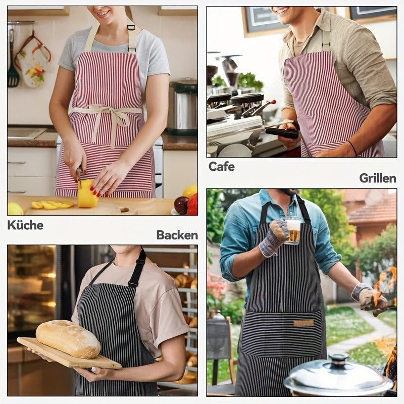 Adjustable Apron Set (2pcs) - Black and White Striped Aprons with Pocket for Men and Women, Perfect for Cooking and Home Kitchen Use