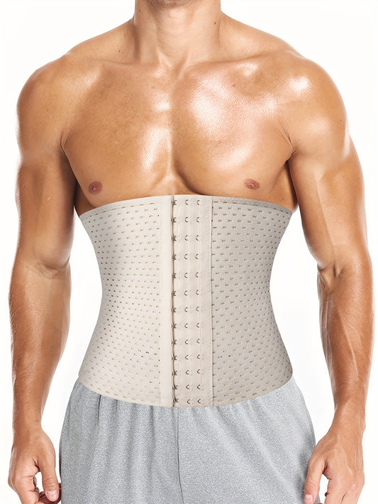 Men's polyester waist trainer corset made with breathable sealed knit fabric, solid color, slight stretch, 3-row button closure, and 4 steel steels for body shaping and tummy control. Ideal