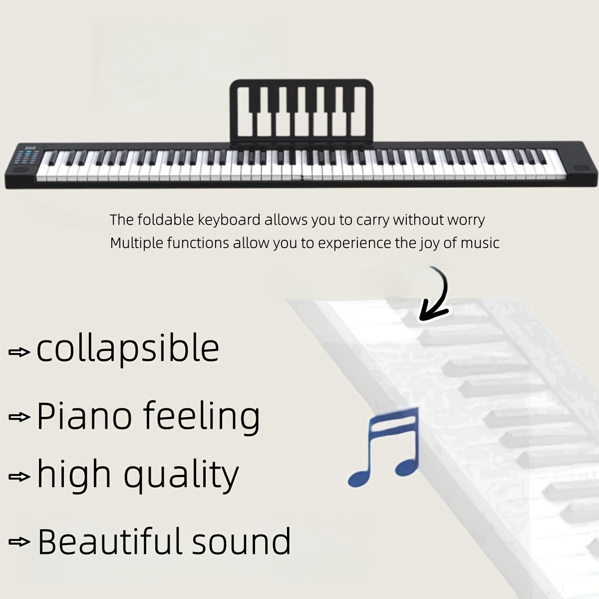 Профессиональная портативная электронная клавиатура на 88 клавиш с настоящим звуком пианино, складной дизайн, 128 ритмов и тембров, 20 музыкальных стилей. Включает в себя чехол для переноски, USB-кабель, руководство, музыку.