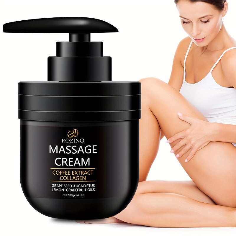 ROZINO Massage Cream with Coffee Extract Collagen, Grape Seed, Eucalyptus, Lemon, and Grapefruit Oils moisturizes, brightens, and nourishes skin.