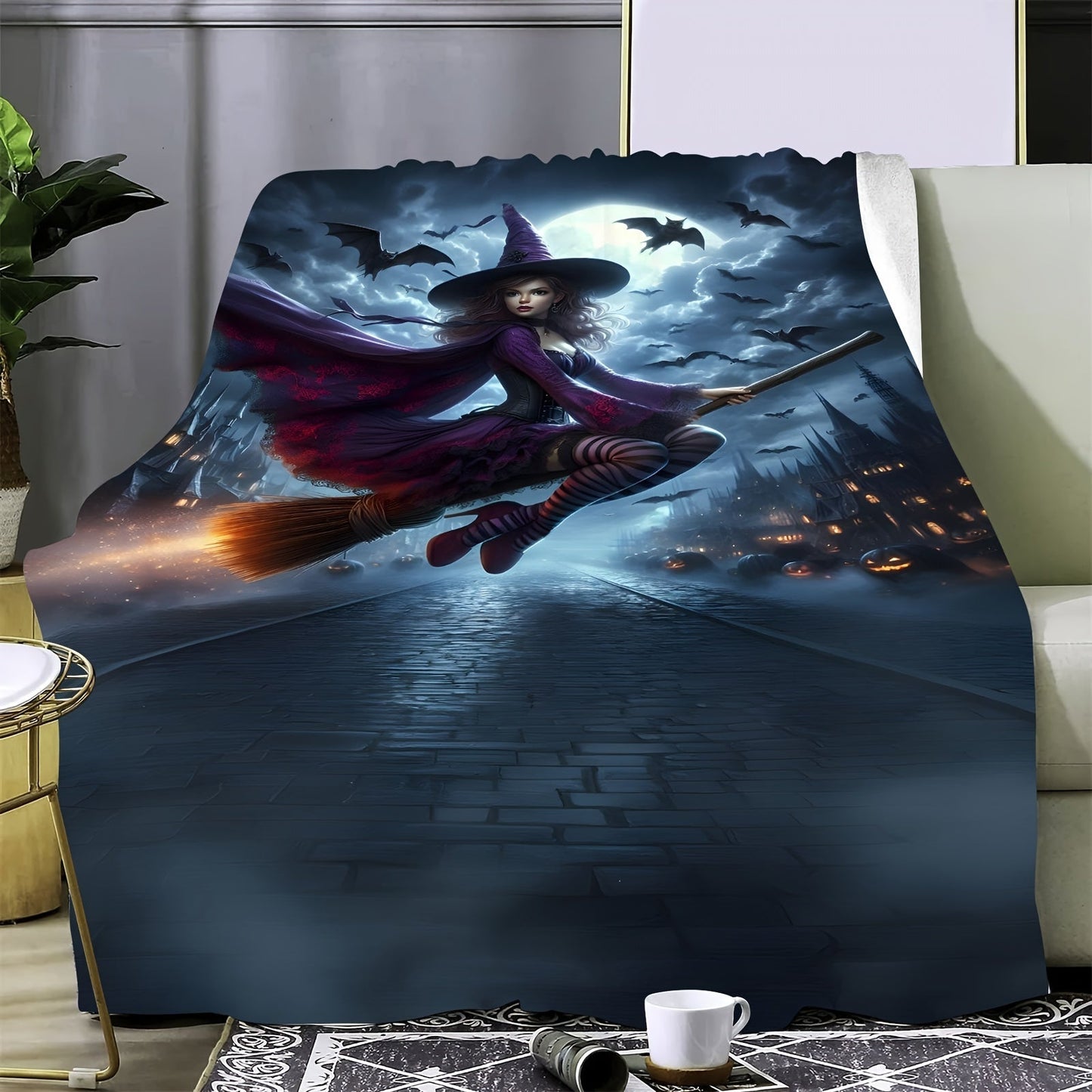 Cozy Halloween Witch Broom Flannel Blanket - Quilted Anime Bedding with Hypoallergenic Mission-Shaker Style. Hand Washable, All-Season Polyester Throw Perfect for Sofa, Bed, Camping, and Travel