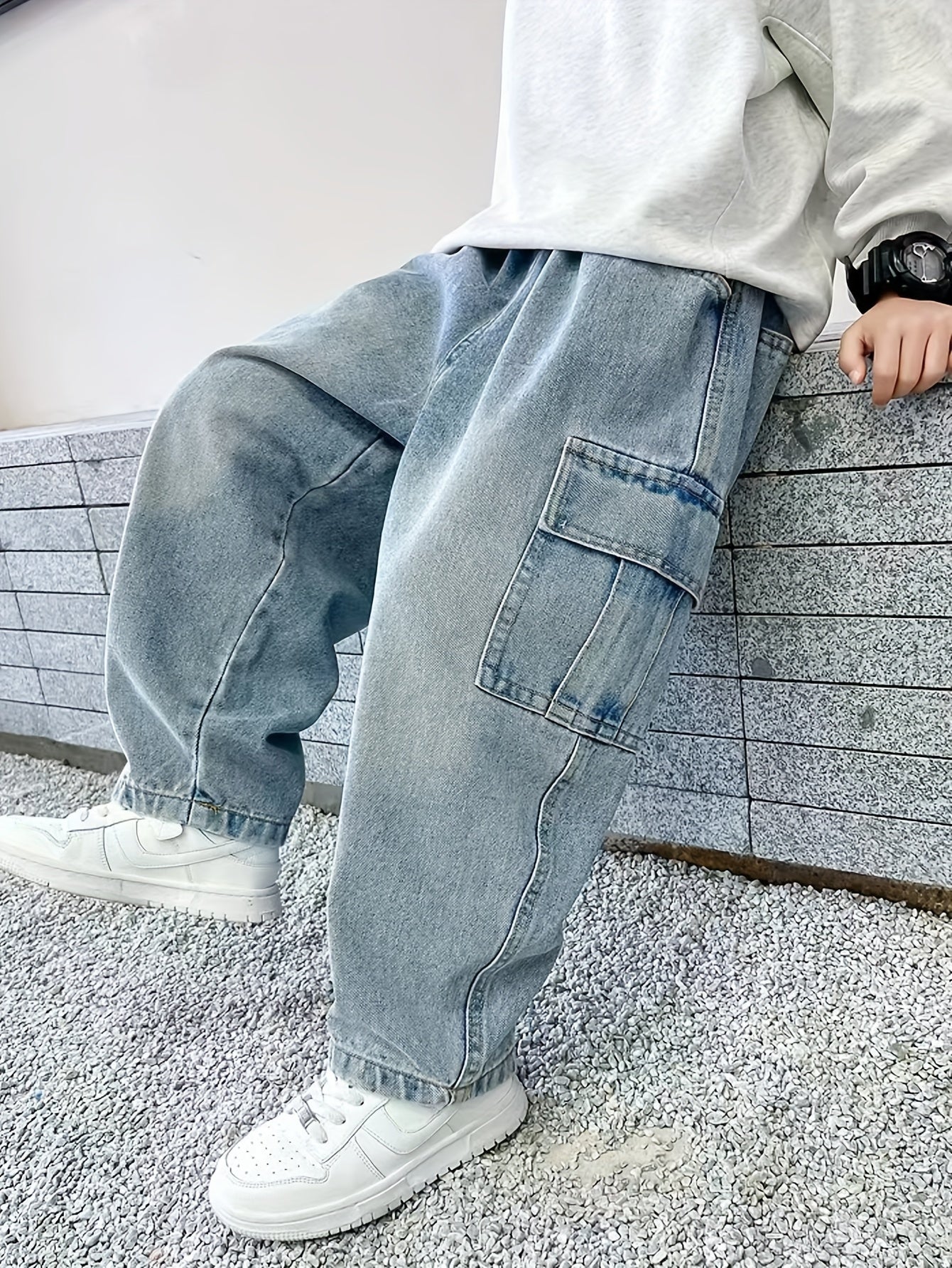 Boys' comfy denim jeans with pockets, elastic waistband, loose fit, perfect for daily wear and outdoor activities