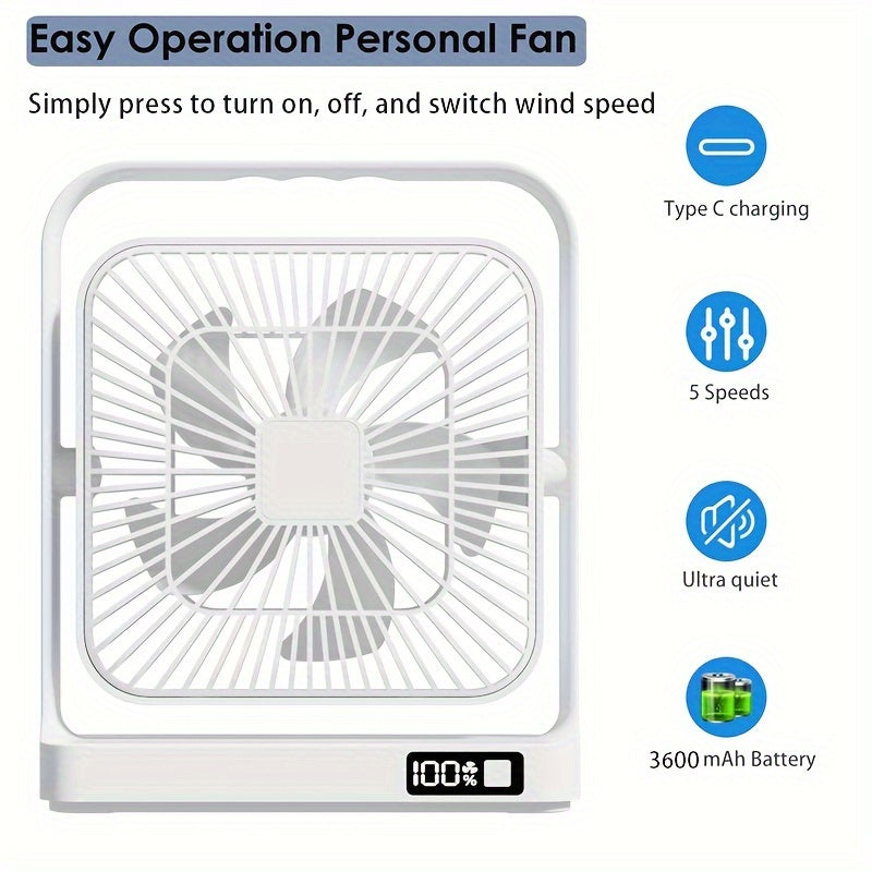 Introducing the Goard 8-inch Portable High-Velocity Table Fan with Digital Display and 5-Speed Button Control. This fan features a 360° rotating design and is USB rechargeable, making it perfect for travel, office, or home use. Made with ABS material and