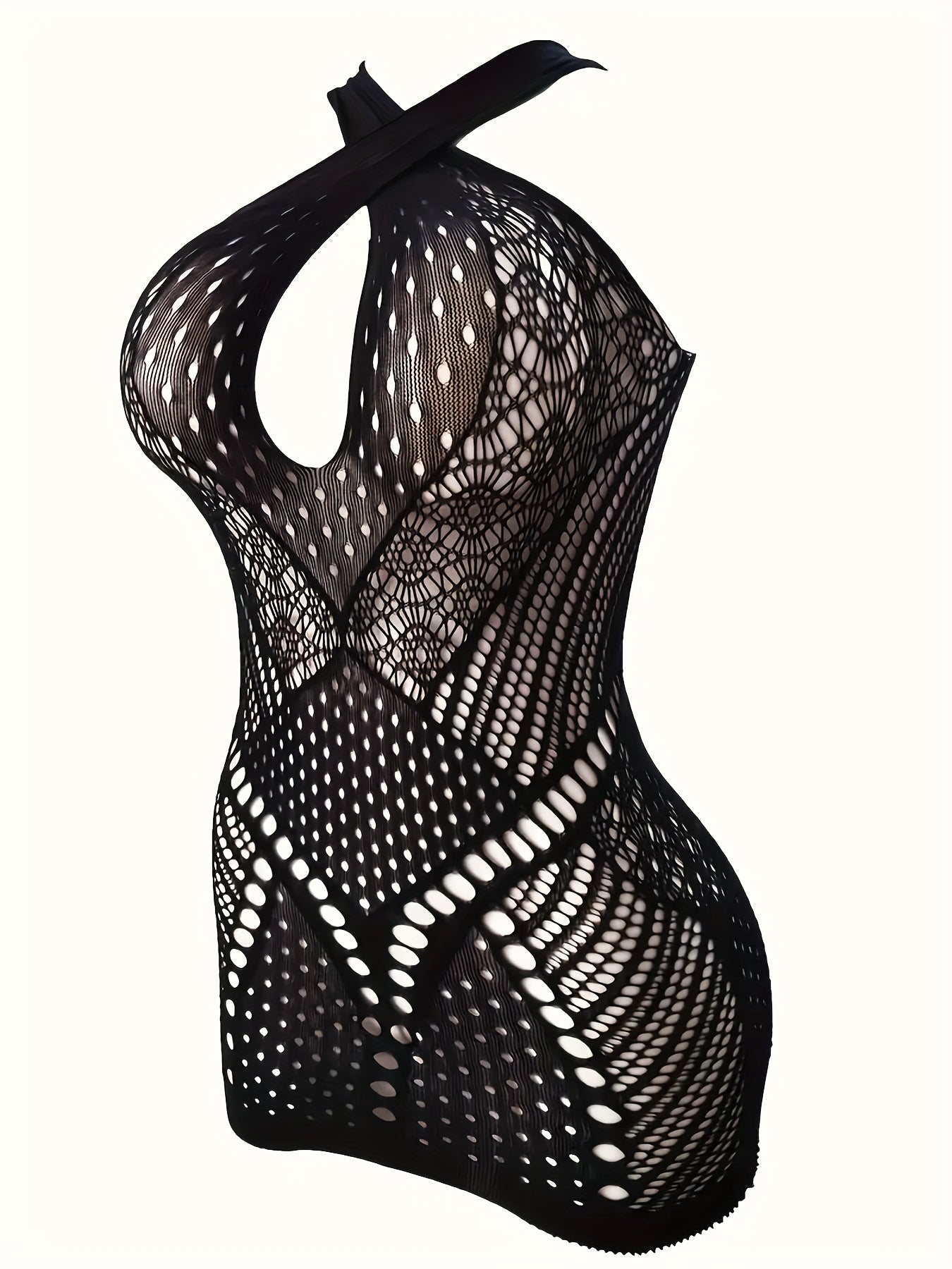 Women's sexy sheer dress made of 92% polyamide and 8% elastane, featuring a hollow pattern, solid color, perfect for adult nightclub wear. Lightweight bodysuit weighing 90g/m².