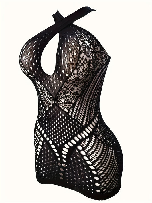 Women's sexy sheer dress made of 92% polyamide and 8% elastane, featuring a hollow pattern, solid color, perfect for adult nightclub wear. Lightweight bodysuit weighing 90g/m².