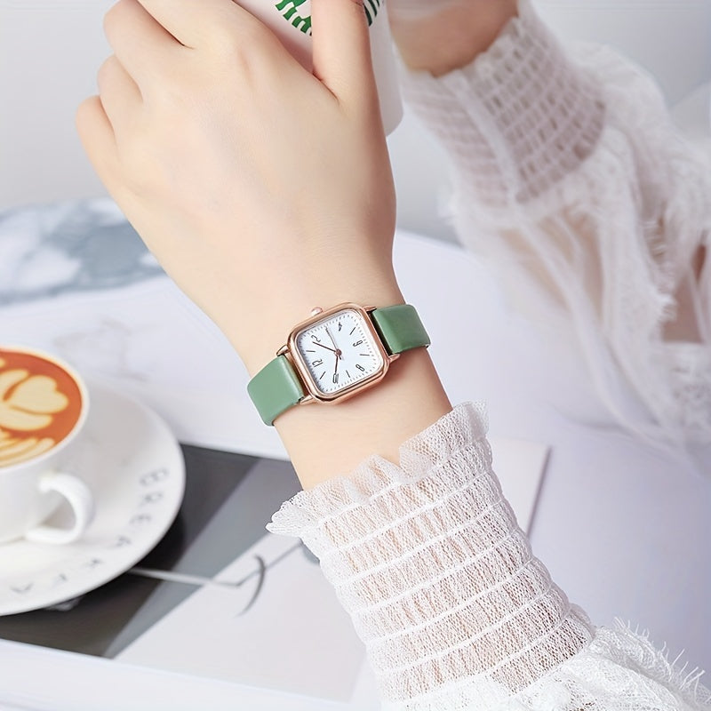 Women's square quartz watch with imitation leather strap and zinc alloy case.