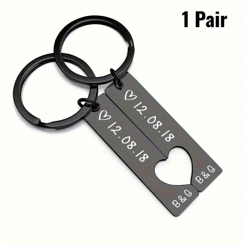 Personalized Hipster Style Couple Keychains with Date, made of high-quality stainless steel. Ideal Gift for Anniversary, Birthday, or Father's Day.