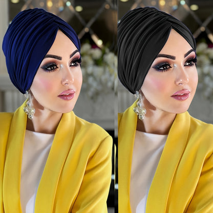 2 Women's Solid Color Pleated Hijab Caps in White & Black - Lightweight, Stretchy Polyester Under Scarf Hats for Ramadan and Casual Attire