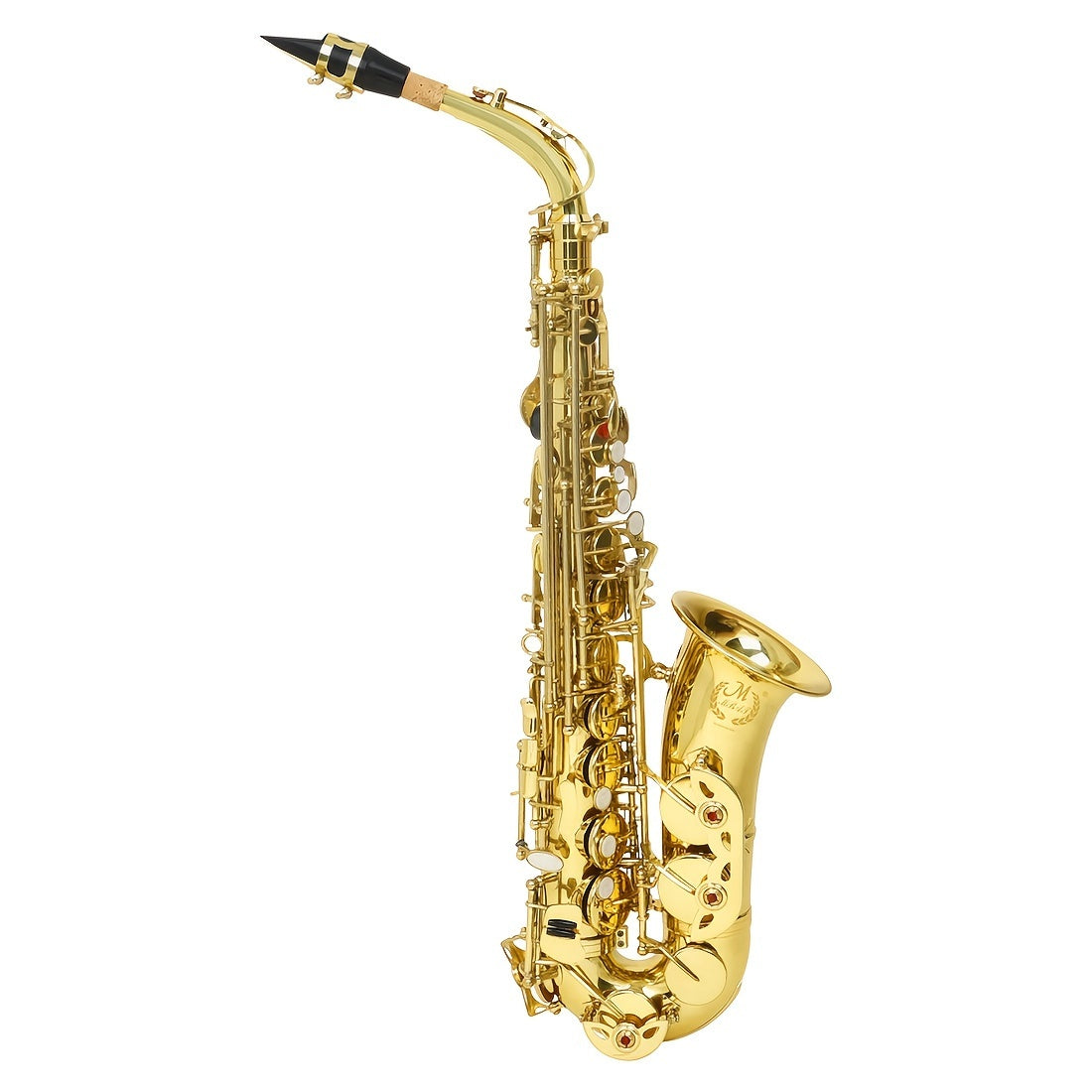 Professional MBAT Alto Saxophone in E Flat with brass body, engraved Keystone pattern, white shell key, and golden finish - includes MBAT case and accessories.