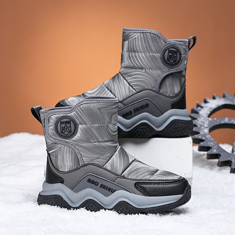 Winter snow boots for kids with warm fleece lining, high-top, non-slip sole, and hook-and-loop closure - cozy and stylish for boys and girls.