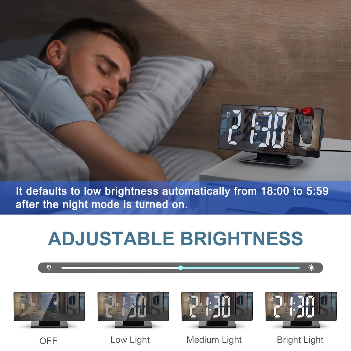 Adjustable LED projection alarm clock with snooze, temperature display, mirror design, USB powered. Suitable for bedroom, home office, or living room. Features black rectangular frame, high-definition display, night mode, memory function. Ideal for