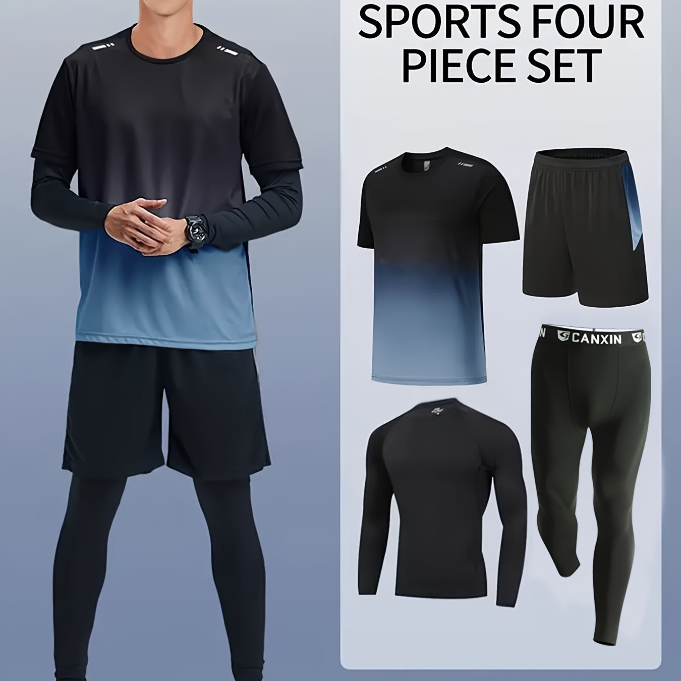 Men's Fitness Suit with loose short-sleeved shorts, quick-drying training, tight long-sleeved trousers for outdoor activities.