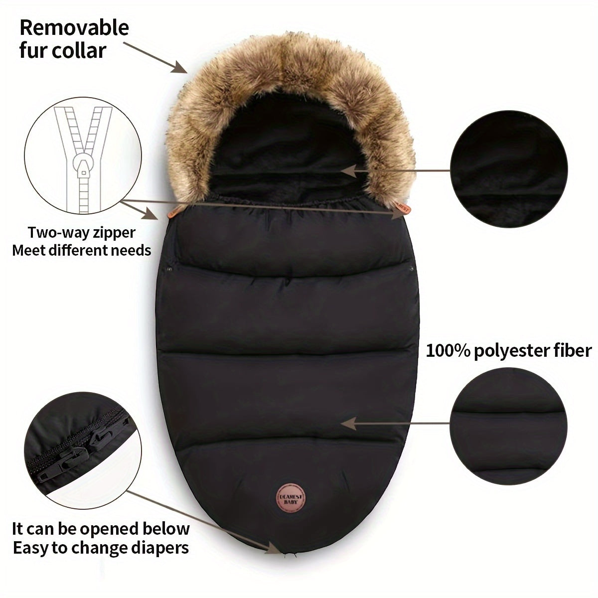 Grey, black, and army green unisex outdoor travel windproof baby stroller warm bag with foot cover. This quilt features a fur collar that is detachable and machine washable.