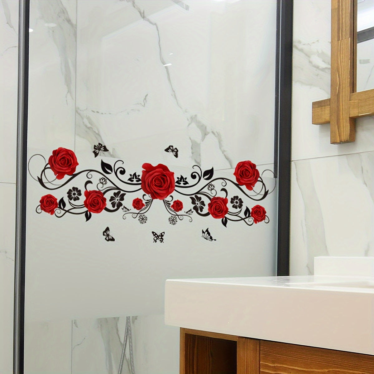 Modern Rose and Butterfly Vine Mirror Glass Decal Set, Self-Adhesive Window Stickers made of PVC material, perfect for adding a floral touch to your bathroom or shower door. Each piece measures 50.01x15.01 cm. Designed for single use, this decorative PVC