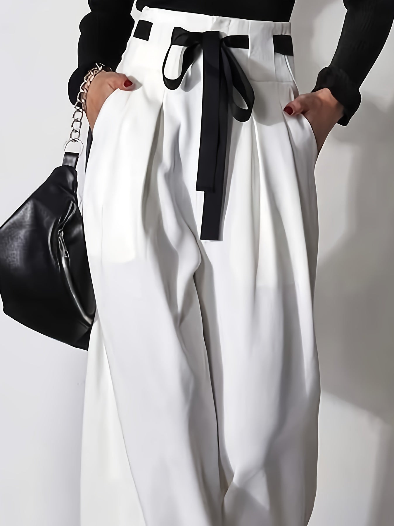 Woven's Wide Leg Pants with Zipper Fly, Contrast Waist Belt, Side Pockets.