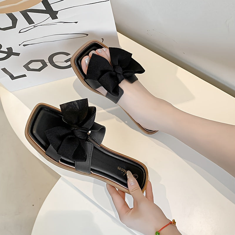 Stylish 2024 Women's Slide Sandals with Bow - Casual Open-Toe, Thick Sole PVC Slippers in Black & Beige - Fashionable Beach Sandals for Any Season.