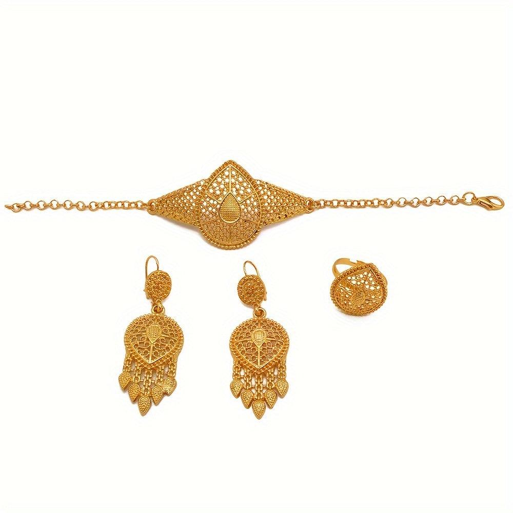 This luxurious jewelry set, consisting of a necklace, bracelet, ring, and two earrings, is exquisitely crafted for women in the Middle East, with a focus on Dubai. Perfect for wedding attire, this set is versatile and can be worn by brides from Europe