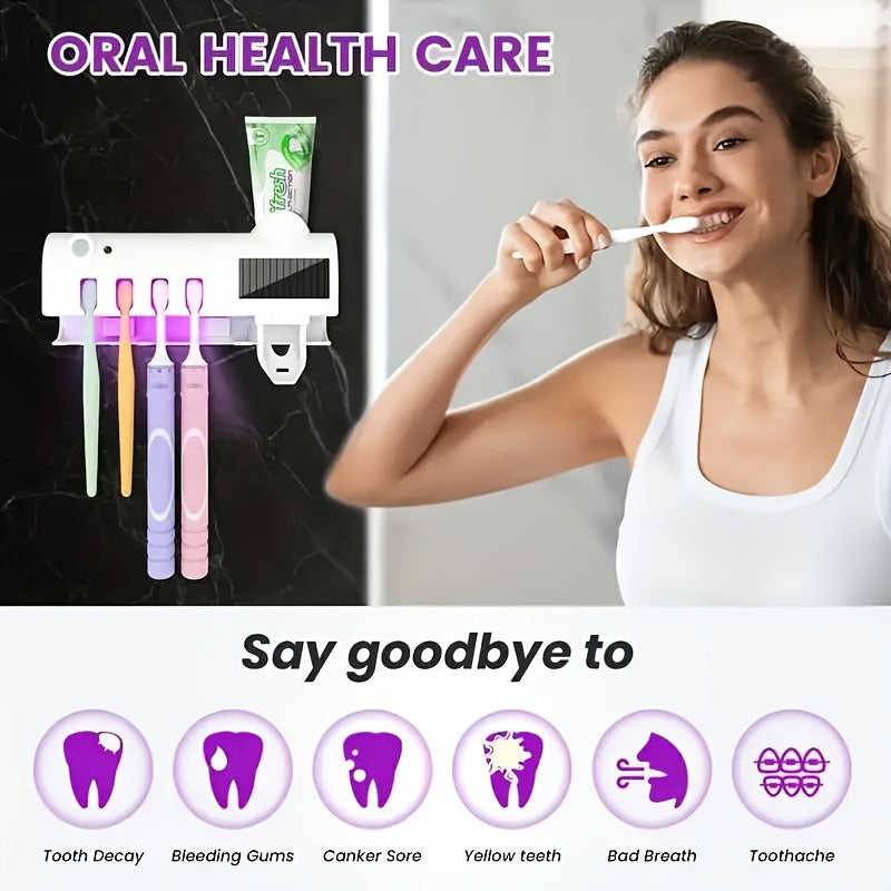 UV Sterilizing Toothbrush Holder with Toothpaste Dispenser, Wall-Mounted, Intelligent Disinfection, Bathroom Accessories, No-Drill Installation.