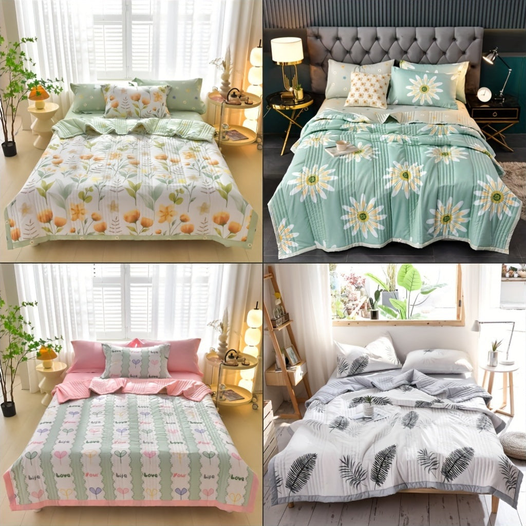 Modern hypoallergenic quilt with floral pattern, plaid pieces, and embellishments. Made of all-season polyester, machine washable, multi-functional, suitable for single/double beds.