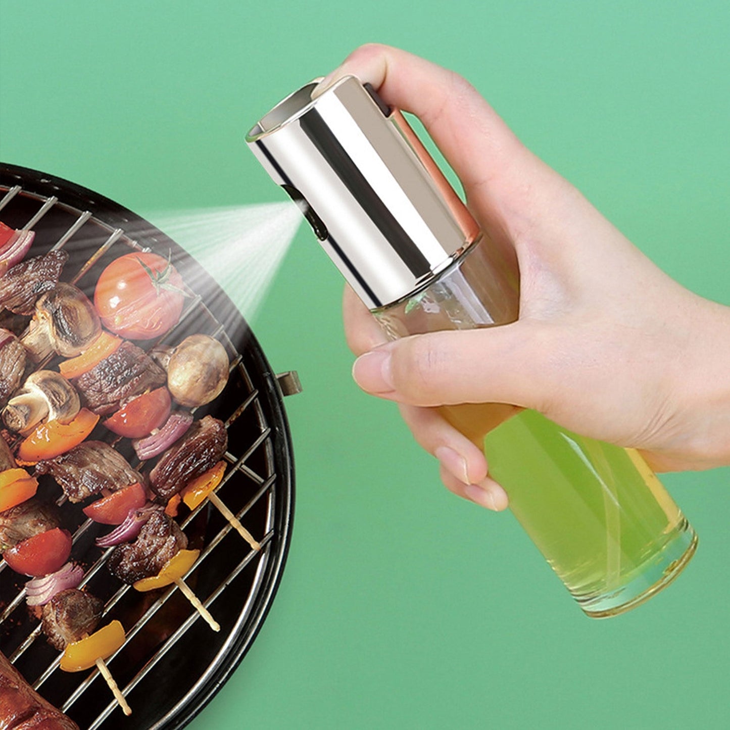 Glass oil spray can for household use, featuring a fine press spray for oils in the kitchen. Can also be used for sauces, vinegar, and spices. Perfect for barbecuing and grilling.