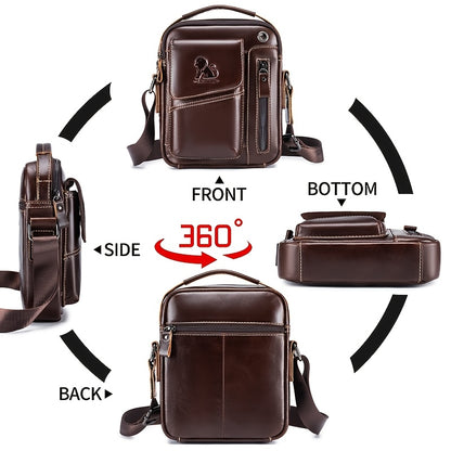 Fashion Genuine Leather Men's Crossbody Bag with Adjustable Shoulder Strap, Multi-Compartment Design, Zipper Closure - Dark Brown, Non-Washable for Outings.