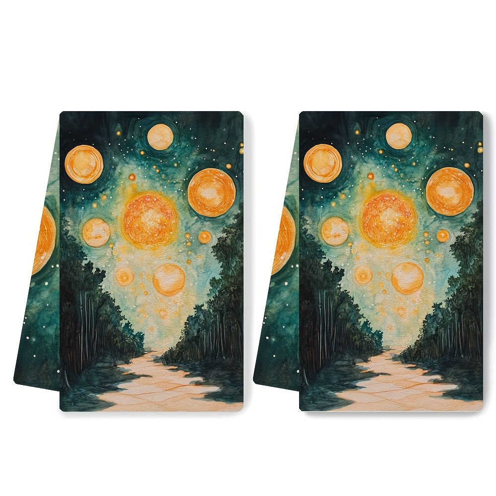 2 sets of luxurious kitchen towels featuring Signalis Star System artwork. These highly absorbent and machine washable dish hand towels measure 40.64x60.96 cm, making them perfect for holiday decor and everyday use. Elevate your kitchen with these