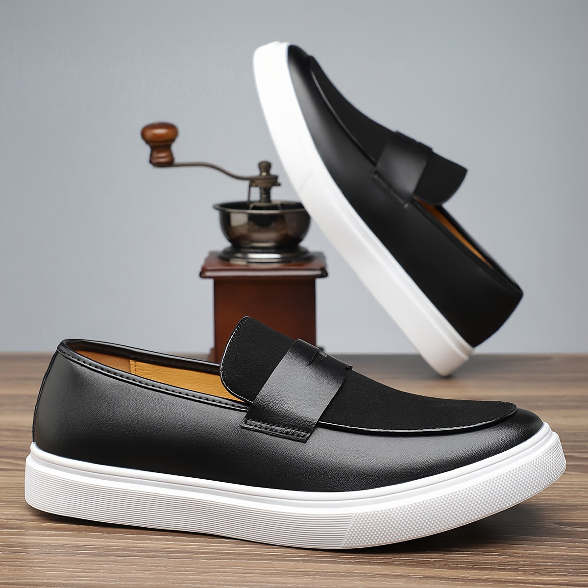 Men's preppy slip-on sneakers with low top design in solid color, featuring PU upper and inner, rubber sole, and round toe for daily wear.