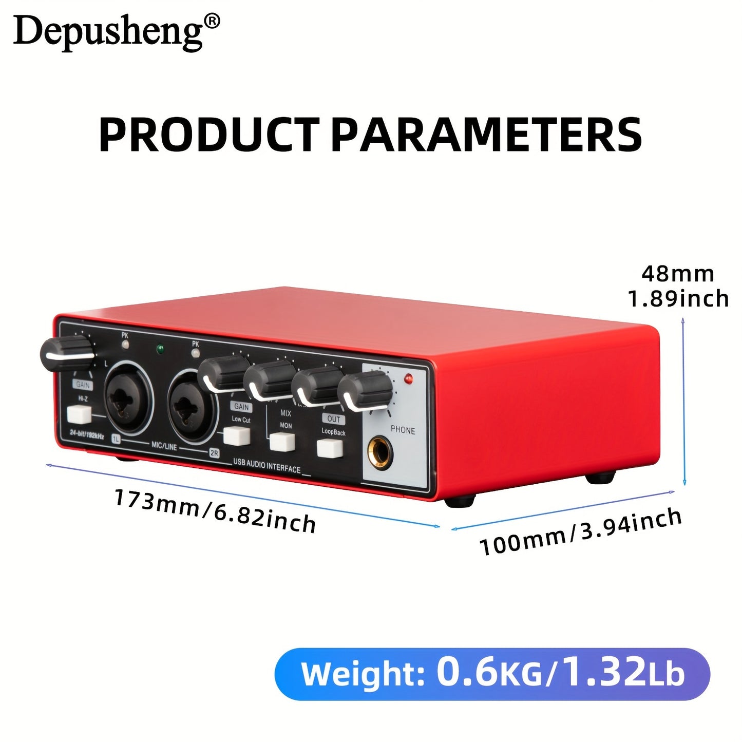 DEPUSHENG USB Audio Interface for Recording, Streaming, and Podcasting with Low Latency, 24Bit/96kHz, XLR with Phantom Power - Red