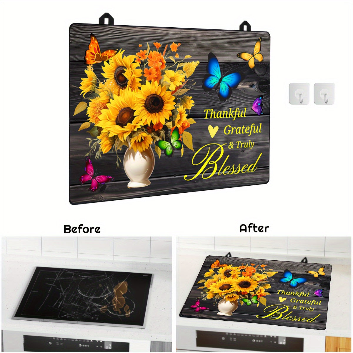 Heat resistant stove top cover with a sunflower design, measuring 28.5x20.5"/72.5x52CM. This glass stove protector is anti-scratch and dishwasher safe, made of natural rubber. Perfect for protecting your stove top during cooking, it can also double as a