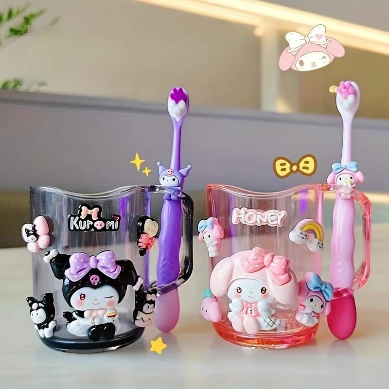 2pcs Sanrio Cute Cartoon Kuromi, Melody toothbrush holder set made of durable PP material for both men and women. Includes mouthwash cup and toothbrush.