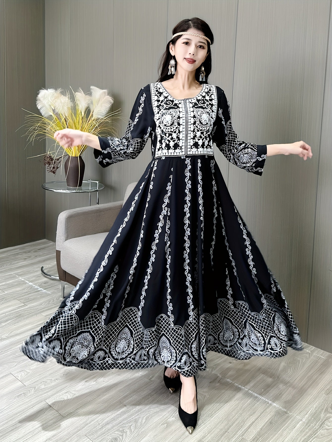 Vintage-inspired black & white embroidered kaftan dress with 3/4 sleeves perfect for casual, vacation, beach wear. Polyester, non-stretch fabric.