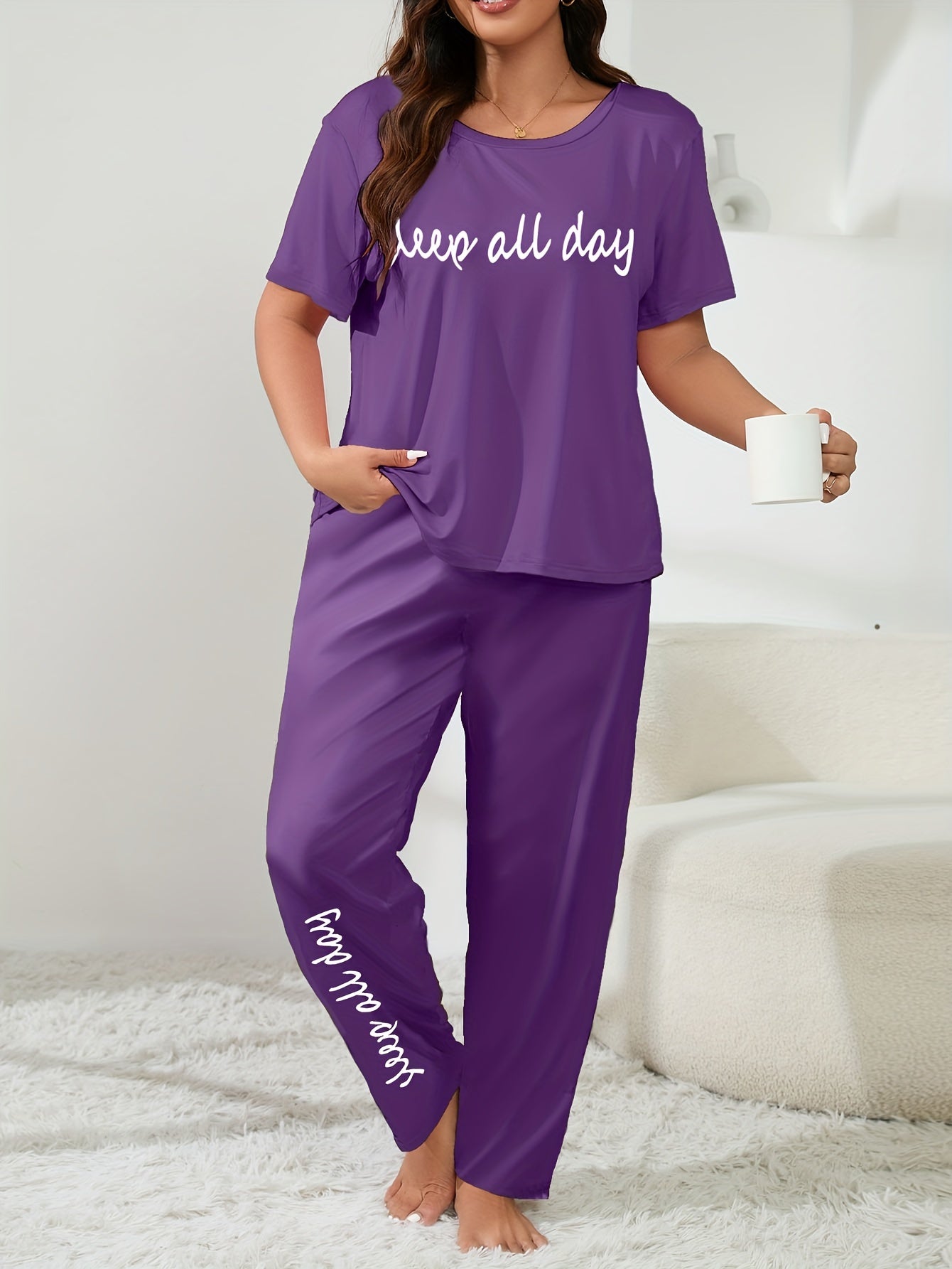 Women's Plus Size Casual Lounge Set with Slogan Print Tee & Pants