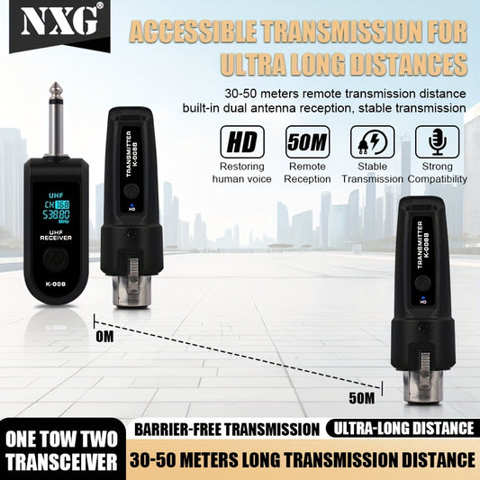 NXG 2pcs/1pc Microphone Transmitter and Receiver for XLR Microphone System, 6.35mm Jack, 2.4GHz Long Distance Transmission, USB Rechargeable, Capacitor and Dynamic Microphones