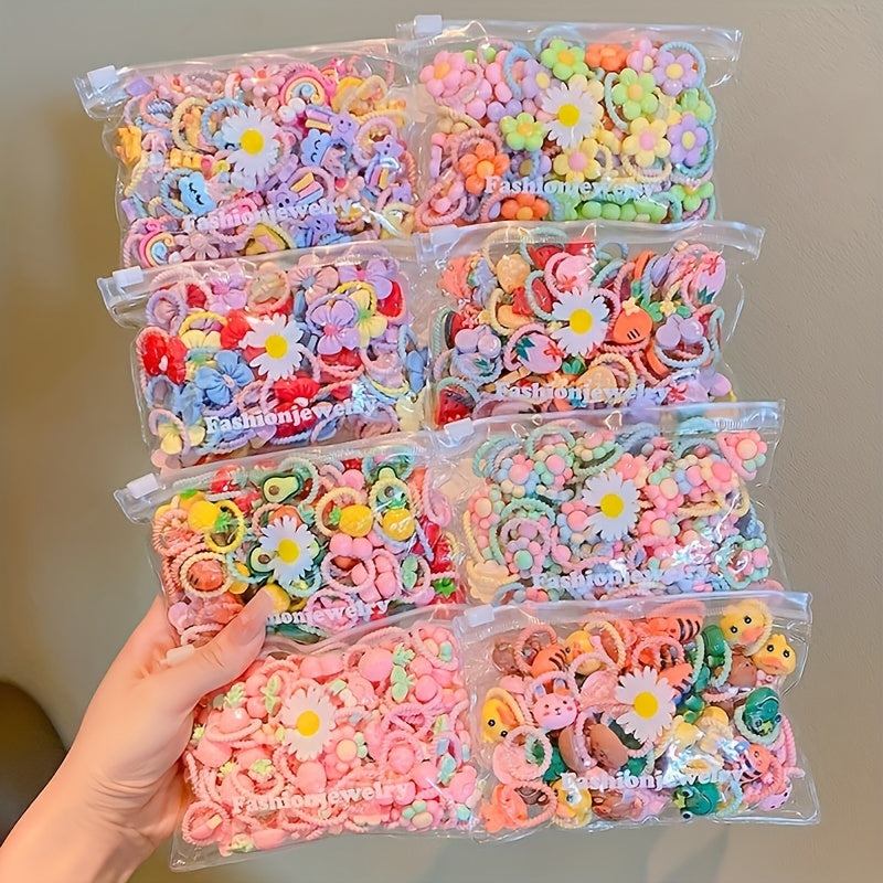 20/30/50pcs Himop Girls' High Elastic Hair Ties with Gentle, Cartoon Animal & Floral Designs in Clear Boxes - Perfect for School & Gifts