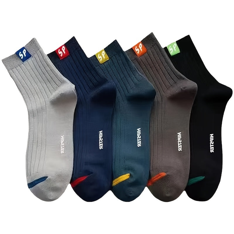 5/10 Pairs Men's Fashion Alphabet Pattern Crew Socks, Breathable Comfortable Casual Unisex Hosiery, Polyester 95%, Spandex 5%, Knit Fabric, Hand Wash/Dry Clean.