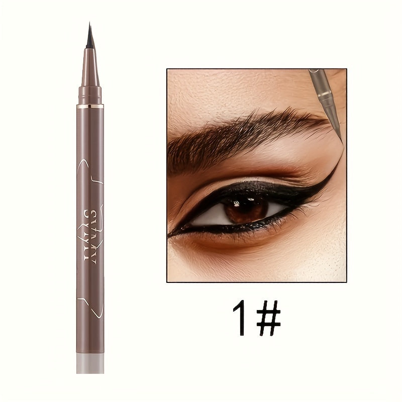 Waterproof black liquid eyeliner pen with quick-dry formula that resists smudging, sweat, and lasts long.