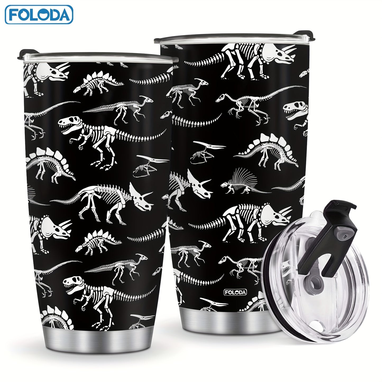 Foloda Dinosaur zanglamas po'latdan yasalgan izolyatsiyalangan tumbler 20oz - issiq/sovuq ichimliklar uchun ideal, oval shakl, oqmaslik uchun flip qopqoq, har qanday tadbir uchun mukammal sovg'a.