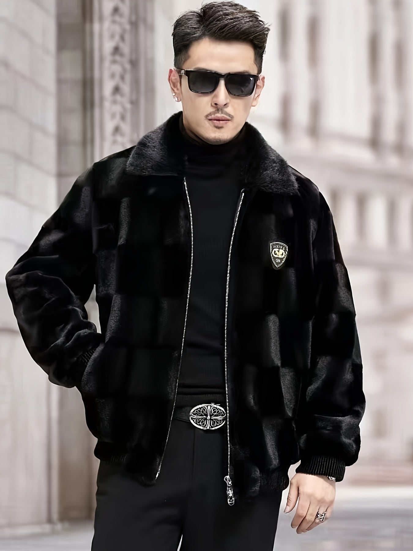 Men's casual faux mink fur jacket with solid color lapel collar, zipper closure, long sleeves, lined, non-stretch woven fabric, and regular fit skinny style for winter.