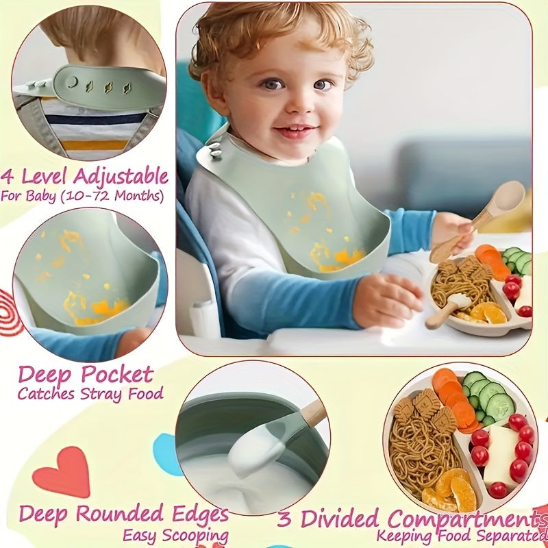 Set of 6 Silicone Feeding Items, Including Suction Bowl, Divided Plate, Self-Feeding Dish, Spoon, Fork, Sippy Cup, Adjustable Bib, and Eating Utensils for Led Weaning.