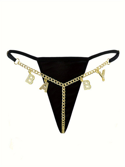 Rhinestone Letter Decorated Golden Chain Thong for Women