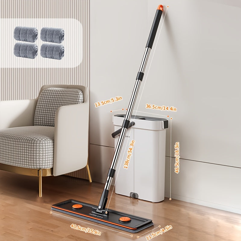 Get your hands on the 1set Labor-Saving Flat Mop and Bucket Set with Twister, including 4 Pads made of Stainless Steel and Plastic. Suitable for cleaning any surface including floors, walls, glass, cars, and patios, this set does not require electricity