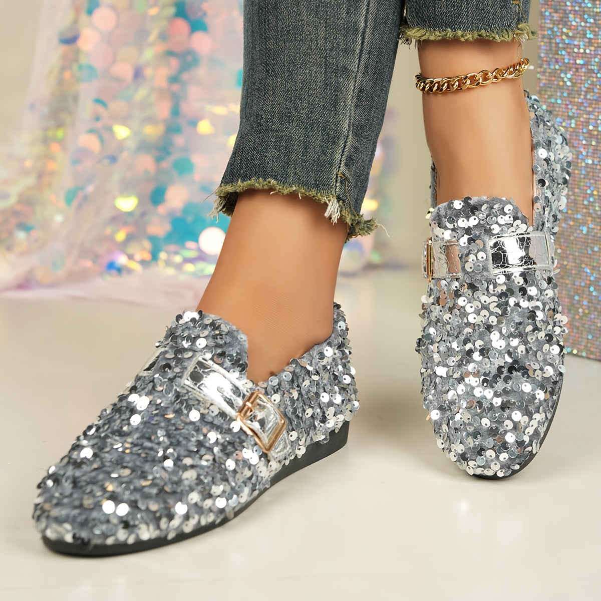 Women's sequin embellished Mary Jane flats with casual round toe slip-on design, all-season comfort, man-made upper & inner, rubber sole, fabric insole, perfect for carnival, Mardi Gras